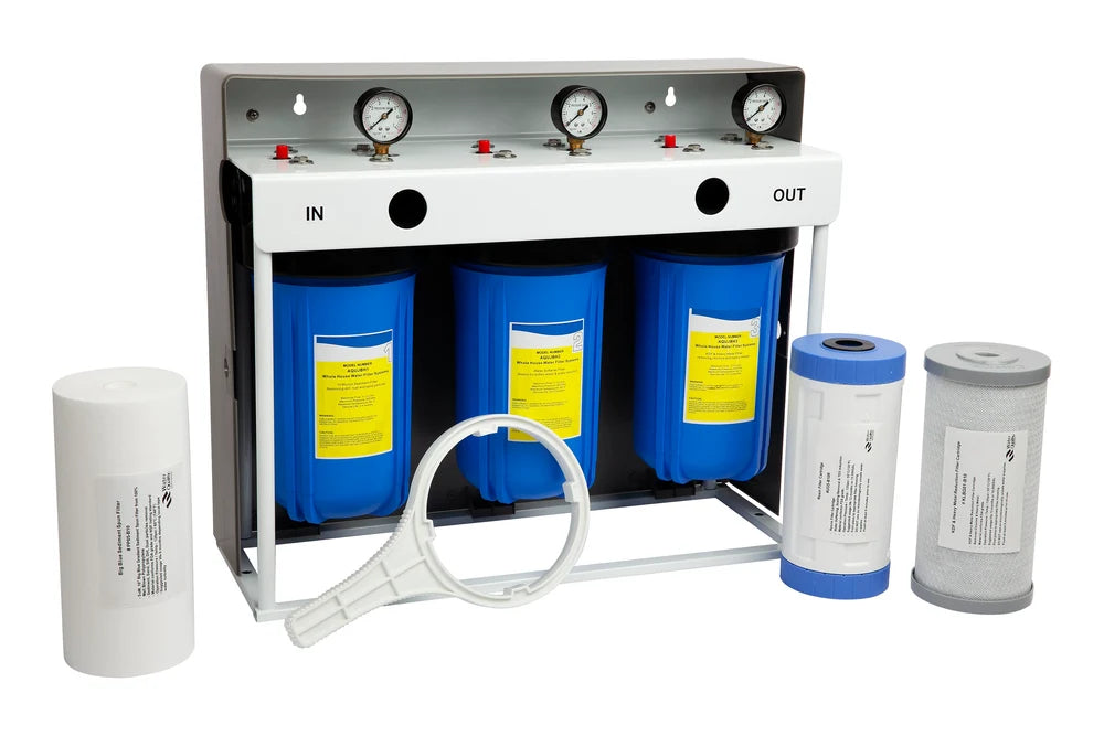 Aqua Plus 3 Stage Whole House Filtration System with included filter cartridges and housing wrench